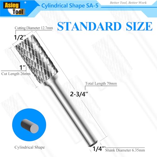 Image of SA-5 Tungsten Carbide Burr Rotary File Cylindrical Shape Double Cut for Die Grinder Drill Bits 1 /4'' Inch Diameter of Shank and 1 /2'' Inch Diameter of Cutter 1'' Inch Cutter Length - 10Pcs