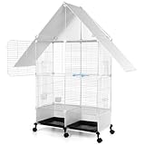 49-Inch 2 Tier House Shape Bird Cage with Rolling Stand, 6 PCS Universal Wheel, Anti-Rust and Rainproof, Medium Metal Bird Cage with Perche for Canary Finch Budgie Lovebirds Parrots (White)