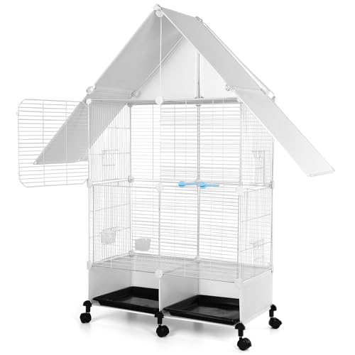 49-Inch 2 Tier House Shape Bird Cage with Rolling Stand, 6 PCS Universal Wheel, Anti-Rust and Rainproof, Medium Metal Bird Cage with Perche for Canary Finch Budgie Lovebirds Parrots (White)