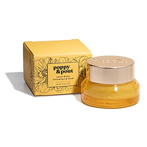 Poppy &amp; Pout Natural Lip Scrub, Moisturizing Sugar Scrub for Dry Lips, Lip Scrubber Exfoliator with Essential Oils Smooths and Hydrates Lips, In Recyclable Glass Jars, Cruelty Free - Lemon Bloom