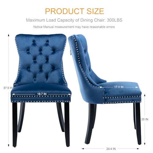 MZDOO Velvet Dining Chairs Set of 2, Tufted Upholstered Dining Room Chairs with Back Ring Pull, Nailhead Trim and Solid Wood Legs, Modern Dining Chairs for Dining Room, Kitchen(Blue)