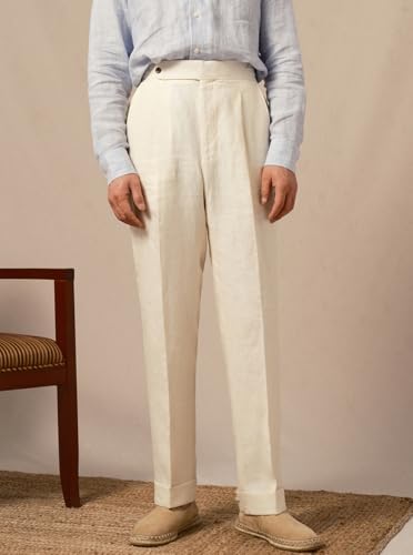 Men's Retro Linen Gurkha Trousers Lightweight Tapered Leg Flat Front Chino Pant Summer Pants4