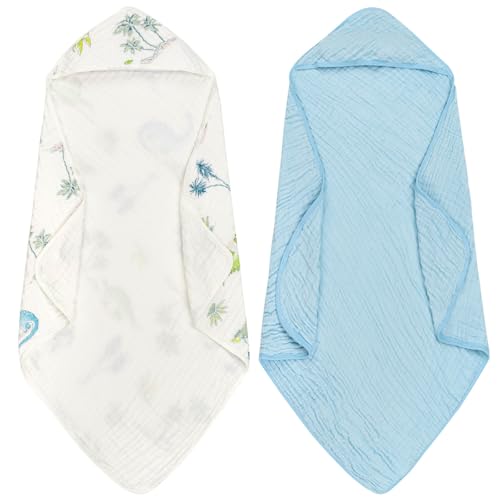Image of FUNUPUP Hooded Baby Towels 2 Pack Muslin Baby Bath Towels with Hood Baby Towels for Newborn, Infant, Toddler, Large 32x32 Inch Soft and Absorbent Baby Bath Essentials(Blue)
