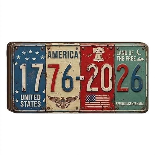 250 Anniversary USA License Plate Signs 250th Block Sign Rustic Metal Patriotic Decor 1776-2026 Wall Art for Home Garage Gift for Veterans