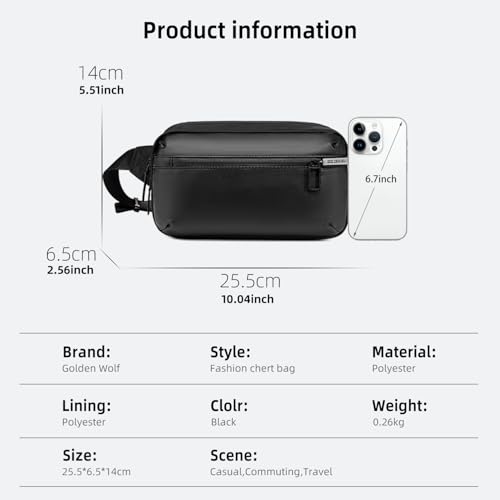 Image of Golden Wolf Chest Bag for Men 2L Sling Bag for Mobile Phone Passport Crossbody Bags Sleek Side Bag Water-Resistant Fanny Pack for Office Casual Daily Use