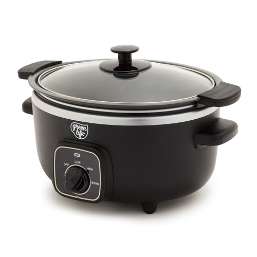 Image of GreenLife 3.5QT Slow Cooker, PFAS-Free Non-Toxic Ceramic Nonstick Removable Interior Bowl, Programmable, Keep Warm, Stovetop & Oven Safe Pot, Dishwasher Safe Crock & Glass Lid, Black