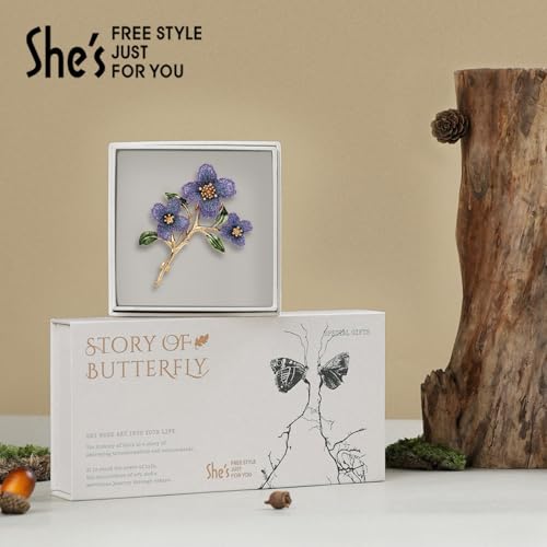 Image of Forget me not Flower Brooch Handmade Gold Thread Embroidered and hand-Drip Enamel leaf, Gradient Botanical Floral Brooch pins for women, SHE'S FREE STYLE JUST FOR YOU [Bencao Gangmu Series]Vintage Plant Jewelry
