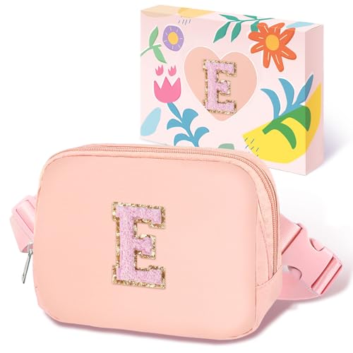 Image of COSHAYSOO Easter Birthday Initial Gifts for Teen Girls 5 6 7 8 9 10 11 12 13 14 Year Old Pink Fanny Pack for Girls Belt Bag Crossbody Travel Purse Unique Trendy Girly Stuff Chenille Letter E