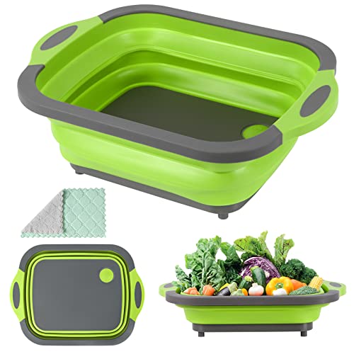 Gintan Tagliere da Cucina Multifunzione Pieghevole con Colino e Multifunzione Forbici,3 in 1 Tagliere Lavello Pieghevole Cestello di Scarico per Cucina all'aperto,Viaggi,Campeggio (Green+Grey)