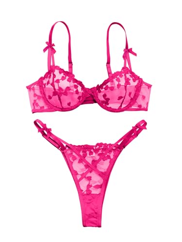 Image of Lilosy Sexy Underwire Cute Push Up Strappy Embroidered Mesh Sheer Lingerie Set See Through Panty Bra
