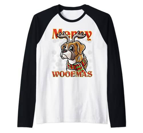 Merry Woofmas Boxer Renna Cane Natale Cani X-Mas Maglia con Maniche Raglan