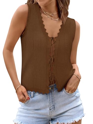 Image of COCCKO Womens Summer Tops Vacation Beach Outfits Cute Tie Front Crochet Vest Knit Sleeveless Sweaters