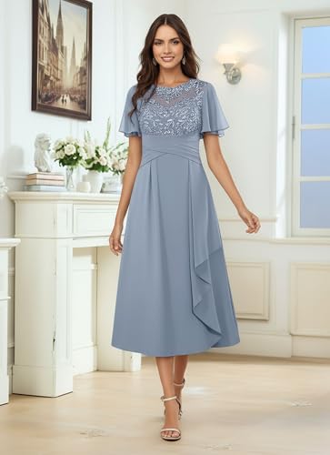 Elegant Lace Applique Tea Length Mother of The Bride Dress Chiffon Ruffle Sleeves with Draped Side Panel Formal Evening Gown2