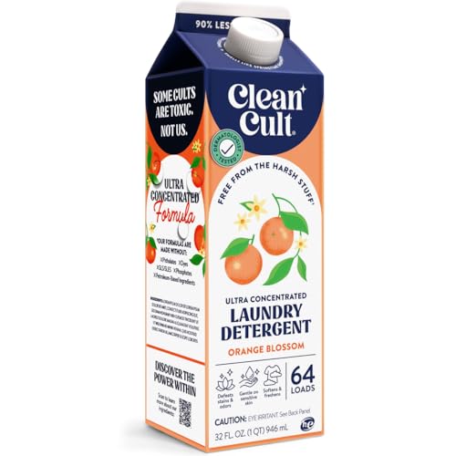 Cleancult Ultra Concentrated Liquid Laundry Detergent 64 loads (32 oz) Long Lasting Scent 90% Less Plastic No Harsh Chemicals Orange Blossom Defeats Stains & Odors HE/Standard Compatible