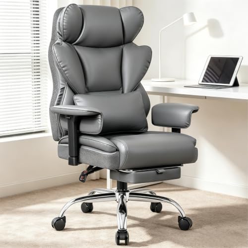 Image of Office Chair 400 LBS, Heavy Duty High Back Executive Desk Chair | 23.6 inch Extra Wide Seat with Footrest, Ergonomic High Back with Lumbar Support, 165 Recline, 3.2 inch Adjustable Padded Arms, Gray