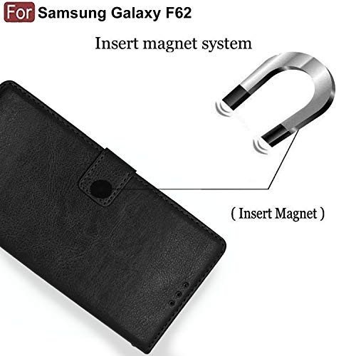 Image of CEDO Flip Cover for Samsung Galaxy F62 (4G) | Leather Finish | Inside Pockets & Inbuilt Stand | Shockproof Wallet Style Magnetic Closure Back Case Flipcover (Black)