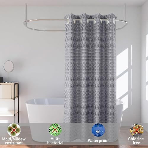 Image of Kuber Industries 7 Ft Waterproof Check Eyelet Shower Curtains for Bathroom | Washroom Partition Screen & Wall Divider Parda for Bath | Grey
