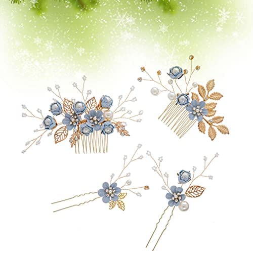 Nuobesty 4Pcs Wedding Hair Clip Comb Handmade Bridal Hair Clip Pearl Floral Leaf Hair Accessories For Women Wedding (Blue) … #TOP3