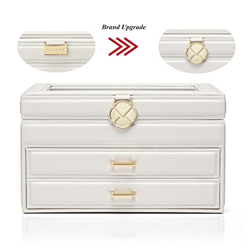 Vlando Jewelry Box Organizer, Leather Jewelry Display Case, 2 Jewelry Tray Drawer Storage Box, White #TOP5