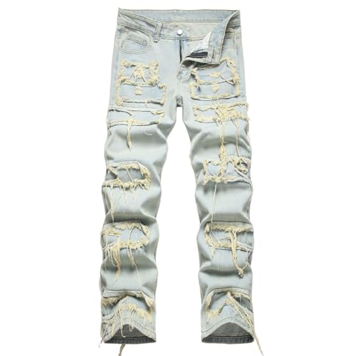 XYGJZ Men Skinny Ripped Jeans Slim Fit Denim Pants Straight Leg Streetwear Destroyed Trousers