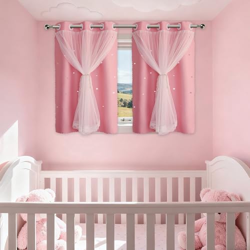 Image of Pink Curtains Drapes Blackout 45 Inch Length Cute Star Cutout Nursery Decor | Girls Room Darkening Curtain Double Layer Tulle Lace 2 Panels Kids Thermal Insulated Bedroom Window Treatments Short Cortinas