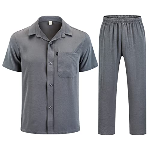 KUDORO Ensemble Homme 2 Pieces en Lin et Coton Survêtement d'Été de Plage Chemise Manches Courtes et Pantalons Casual Sportwear Vêtements de Nuit(Gris Foncé,L) Cover
