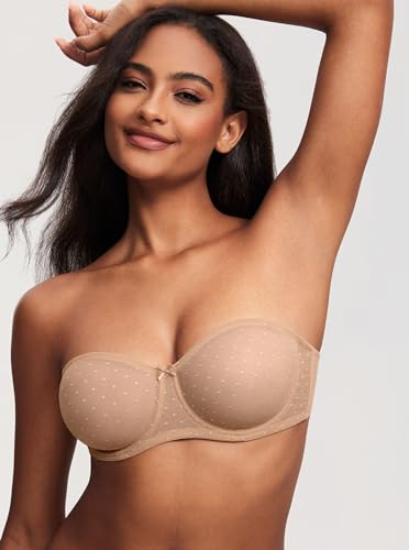 Image of DOBREVA Women's Mesh Strapless Bra Sheer Unlined See Through Underwire Bras Plus Size
