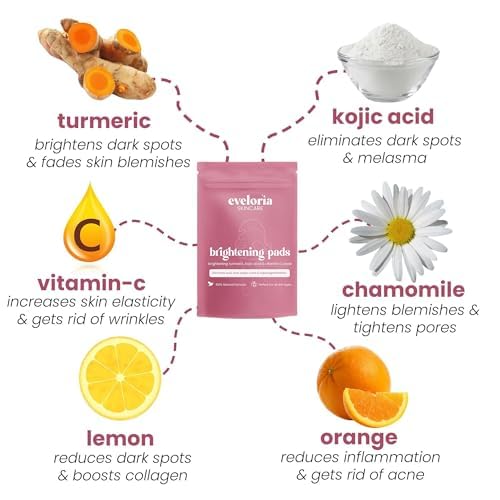 Eveloria™ Turmeric & Kojic Acid Toner Pads for Face – Brightening & Dark Spot Toner Pads with Vitamin C – Exfoliating Facial Toning Pads for Pore Minimizing, Uneven Tone & Acne Prone Skin (30 Pads)