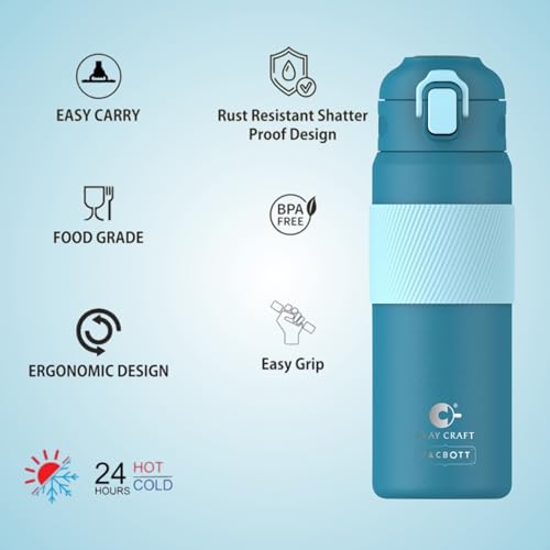 Image of Clay Craft VACBOTT Amber Double Walled 24 Hours Hot and Cold Water Bottle-700ML, 2-Piece(Ocean) Leak Proof|Easy to Carry|Gym Bottle|Home|Kitchen|Hiking|Travel Bottle|BIS Certified|Made in India