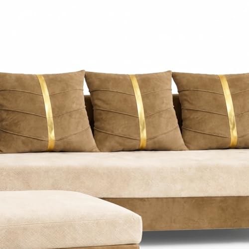Image of Caviar 5 Seater L Shape Sofa Set with Movable Ottoman | Flexible Layout | Luxury Velvet Suede Fabric | Modern Living Room Sofa | Cream-Beige