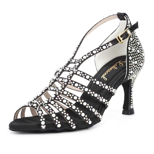 Latinsoul Y205-32 Women's Elegant Crystal Embellished Latin Dance High Heel Shoes Comfortable Adjustable Ankle Strap Dance Sandals for Ballroom Dancing