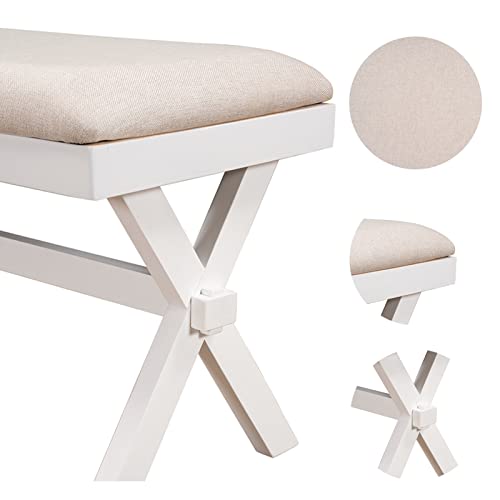 Ymlpre Linen Upholstered Ottoman Bench 37.8 Inch Contemporary End Of Bed Bench With Wood X Leg, Long Couch Bench For Entryway Dining Room Living Room Bedroom, White #TOP3