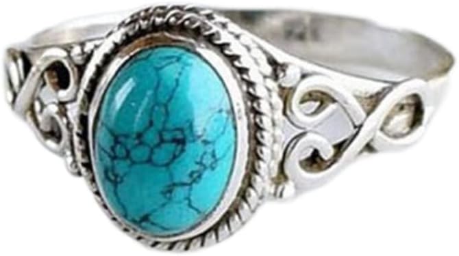 Yuren Vintage Women's 925 Sterling Silver Ring Oval Cut Natural Bohemia Turquoise Jewelry Turquoise Moonstone Ring Wedding Jewelry Size 6-10 (US Code 6)