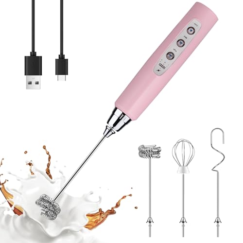 Image of YUSWKO Pink Milk Frother Handheld with 3 Heads, Coffee Whisk Drink Foam Mixer with USB Rechargeable 3 Speeds, Electric Hand Frother for Latte, Cappuccino, Hot Chocolate, Egg