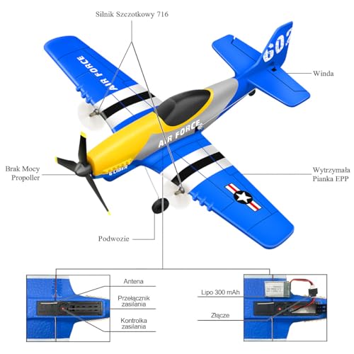 HAWK'S WORK 3 Kanał Samolot RC P-51D Mustang, Samolot Zdalnie Sterowany Gotowy do lotu, 6-Osiowy Stabilizator Żyroskopowy 2,4GHz, Łatwy w Pilotażu dla Dzieci i Początkujących