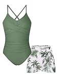 KOMEIANA 9-16Y Teens Girls One Piece Swimsuit with Cover Up Cutout Ruched Bathing Suit Adjustable Criss Cross Strap Swimwear