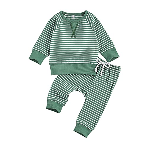 Image of DuAnyozu Baby Boy Girl Fall Winter Clothes Sets Striped Long Sleeve Shirts Tops and Leggings Pants Cotton Baby Outfits (Green,6-12 Months)