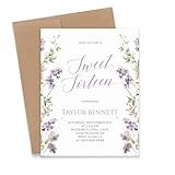 Purple Wildflower Sweet Sixteen Invitation Customized Elegant Sweet Sixteen Invitations Florals, Modern Sweet 16th Birthday Party Invitations, Your choice of Quantity, Info and Envelope Color