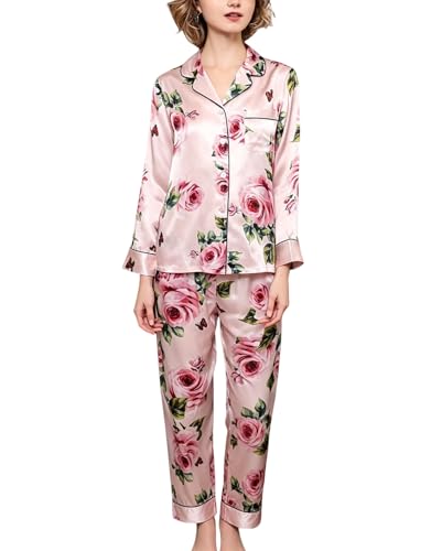 Pyjama en 100% soie femme manches longues imprimé anti-froid