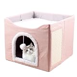 Grande grotte pliable pour chaton, niche en peluche, tapis à gratter intégré et balle suspendue, cube pour chatons, chiots et petits animaux, 41 x 41 x 35 cm