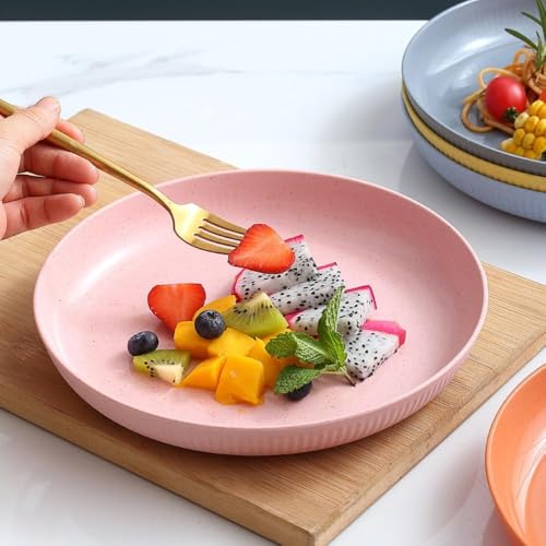 Image of Wheat Straw & Bamboo Fiber Plates Set, Lightweight Unbreakable Dinner Plates, Microwave and Dishwasher Safe, Plates Easy to Clean & Reusable (9 Inches, Pink, Set of 6)