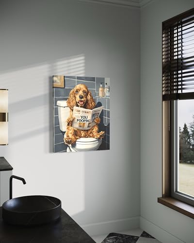 Image of Cocker Spaniel on Toilet Wall Art Print Canvas Wrapped, Dog Bathroom Humor Decor Posters Prints for Restroom Home Picture Painting Artwork Gallery 7 (Cocker Spaniel, 20 inchL x 16 inchW CANVAS, Wrapped Canvas)