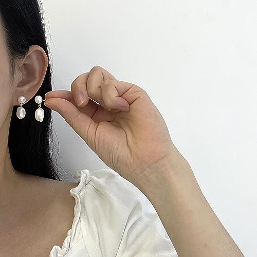 14K Gold Plated Cultured White Baroque Pearl Dangling Drop Earrings for Women Trendy2