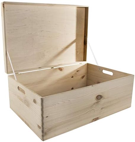 Extra Large Unfinished Wooden Storage Box for Craft | 59.5 x 39.5 x 23 cm | Hinged Lid & Handles | Memory Keepsake Trunk Chest Toy Box | Unpainted Plain Pine to Decorate Craft