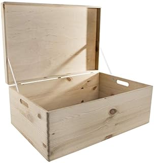 Extra Large Unfinished Wooden Storage Box for Craft | 59.5 x 39.5 x 23 cm | Hinged Lid & Handles | Memory Keepsake Trunk Chest Toy Box | Unpainted Plain Pine to Decorate Craft