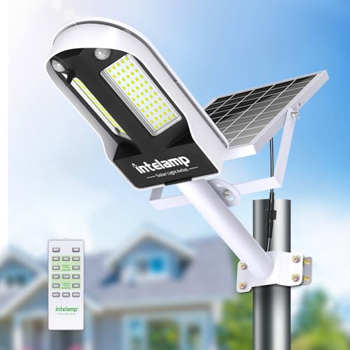 INTELAMP Lampione Solare LED Esterno, 12500mAh Faro Con Pannello Solare da Esterno, IP65 Impermeabile Faretto LED con Sensore di Movimento, 3000LM/6500K Luci da Esterno per Giardino, Terrazza, Garage