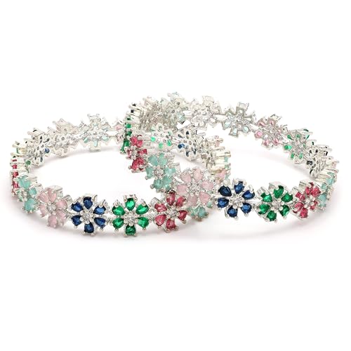 Image of ZENEME Rhodium Plated Silver Toned Floral Shaped American Diamond Studded Bangles Set Of 2 For Women & Girls