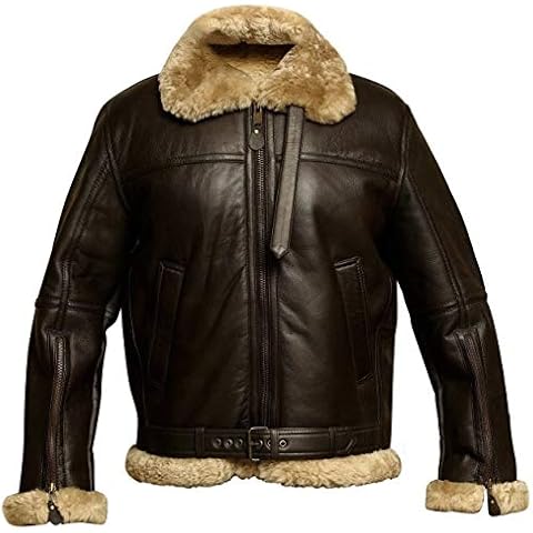Men's B3 RAF Ginger Brown Aviator Jacket - Flight Pilot Bomber Real Leather Jacket Mens - Hooded Lambskin Shearling Winter White Fur Coat… (Small, Raf Brown) Cover