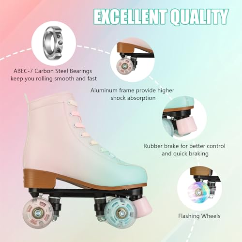 Gets Roller Skates for Girls and Women, PU Leather Light Up Outdoor Kids Roller Skates, Cute Four-Wheel Beginner Roller Derby Skates Girls Ages 8-12(Green Pink,33) by Gets - Used condition - Image 6