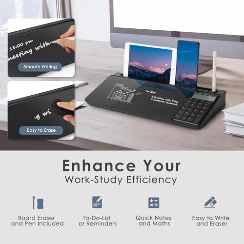SHANTRA 16\'\' x 7\'\' Desktop Whiteboard with Calculator, Desk Dry Erase Board with Organizer, Computer Pad & Keyboard Stand for Home, School, Office Desk Accessories(Black)